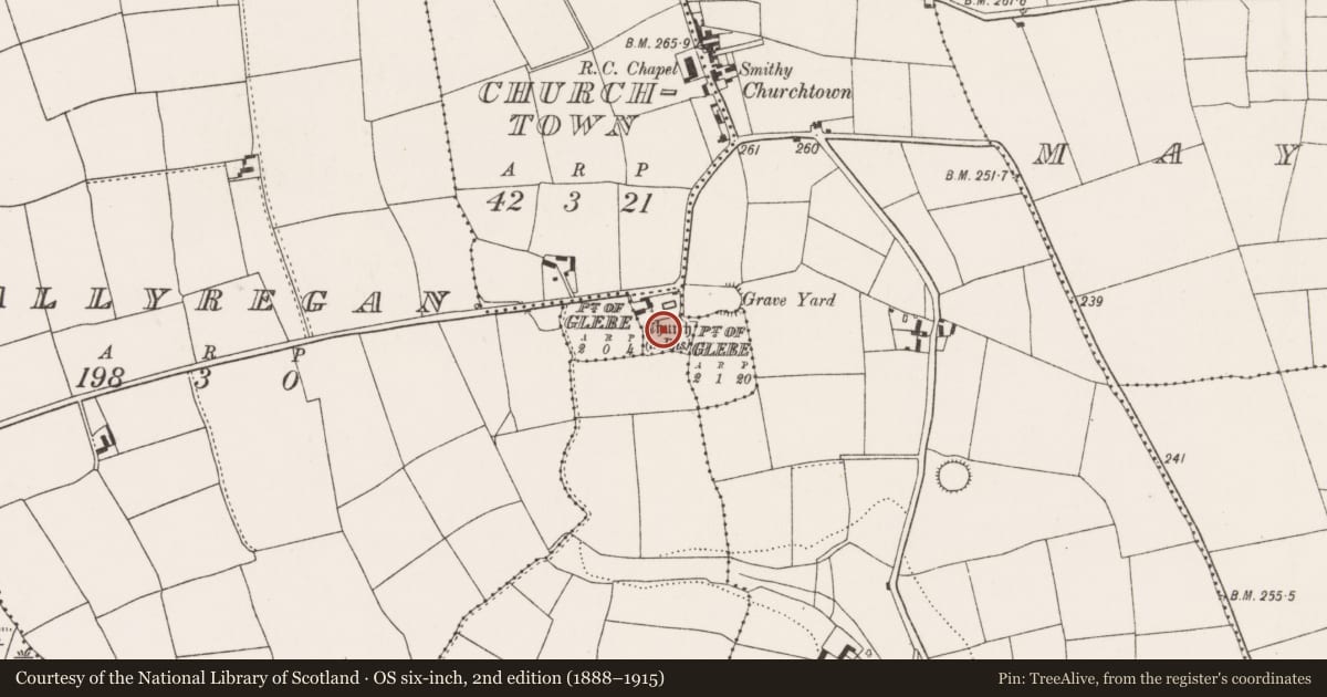 Ordnance Survey six-inch map, 2nd edition (1888–1915) covering the location of Graveyard, Churchtown, County Cork, with a pin at the register's coordinates