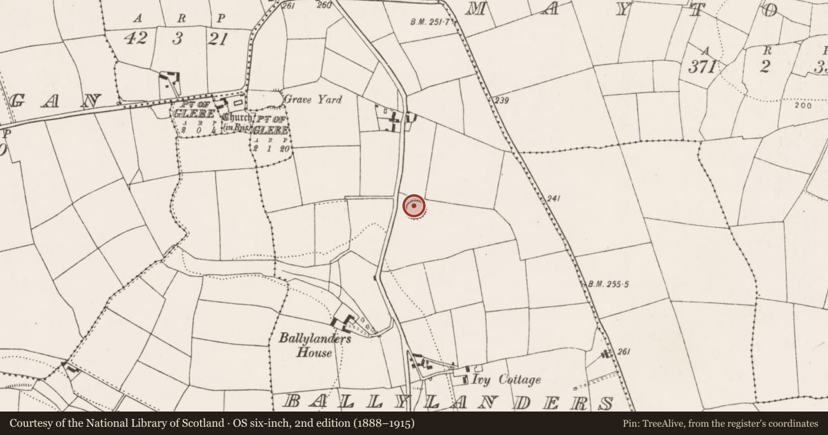 Ordnance Survey six-inch map, 2nd edition (1888–1915) covering the location of Ringfort - rath, Ballylanders, County Cork, with a pin at the register's coordinates