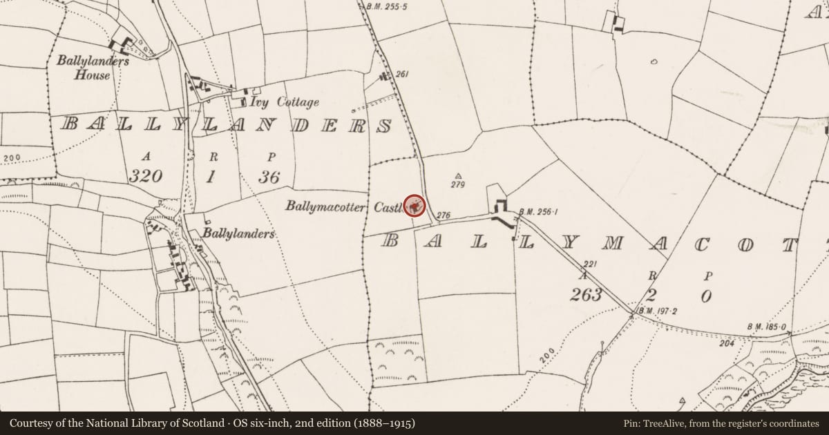 Ordnance Survey six-inch map, 2nd edition (1888–1915) covering the location of Signal tower, Ballymacotter, County Cork, with a pin at the register's coordinates