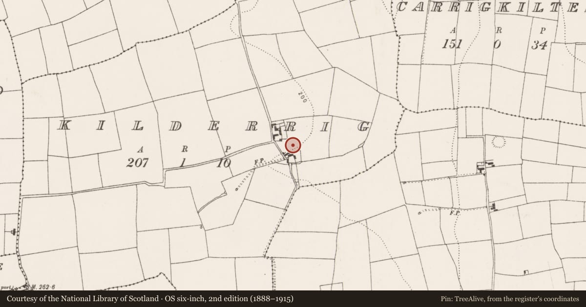 Ordnance Survey six-inch map, 2nd edition (1888–1915) covering the location of Enclosure, Kilderrig, County Cork, with a pin at the register's coordinates