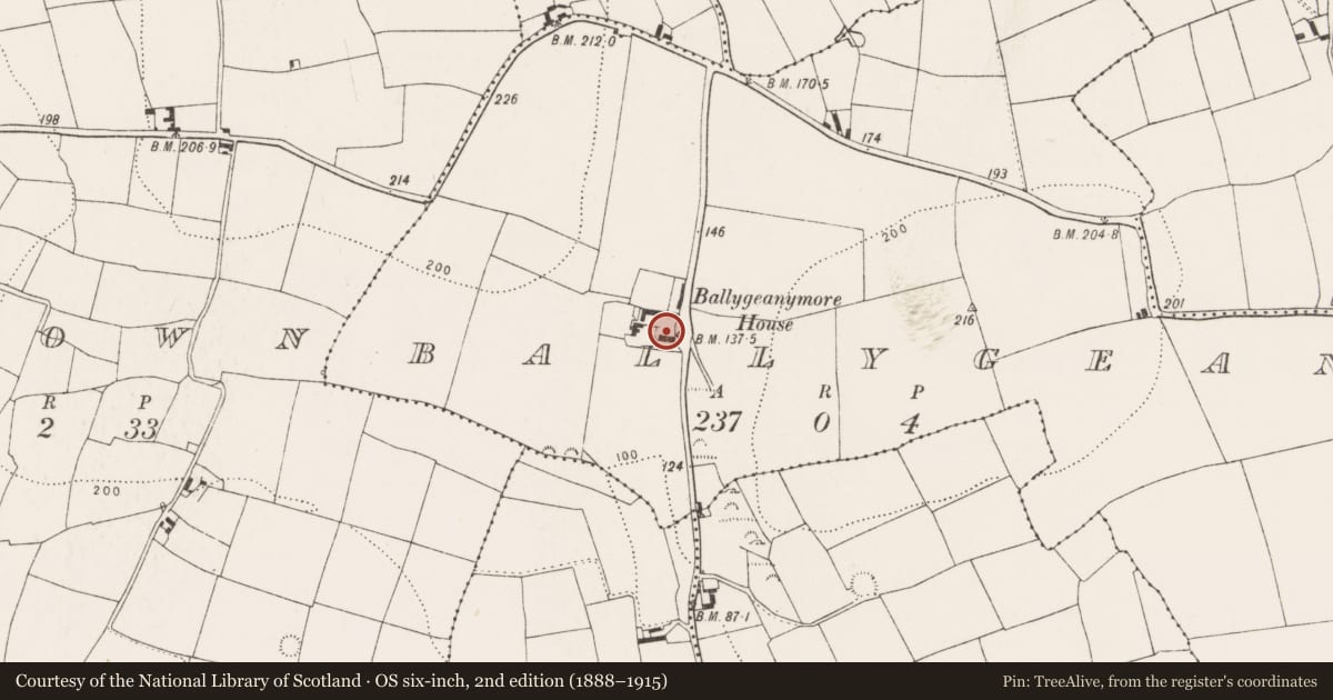 Ordnance Survey six-inch map, 2nd edition (1888–1915) covering the location of Building, Ballygeany, County Cork, with a pin at the register's coordinates