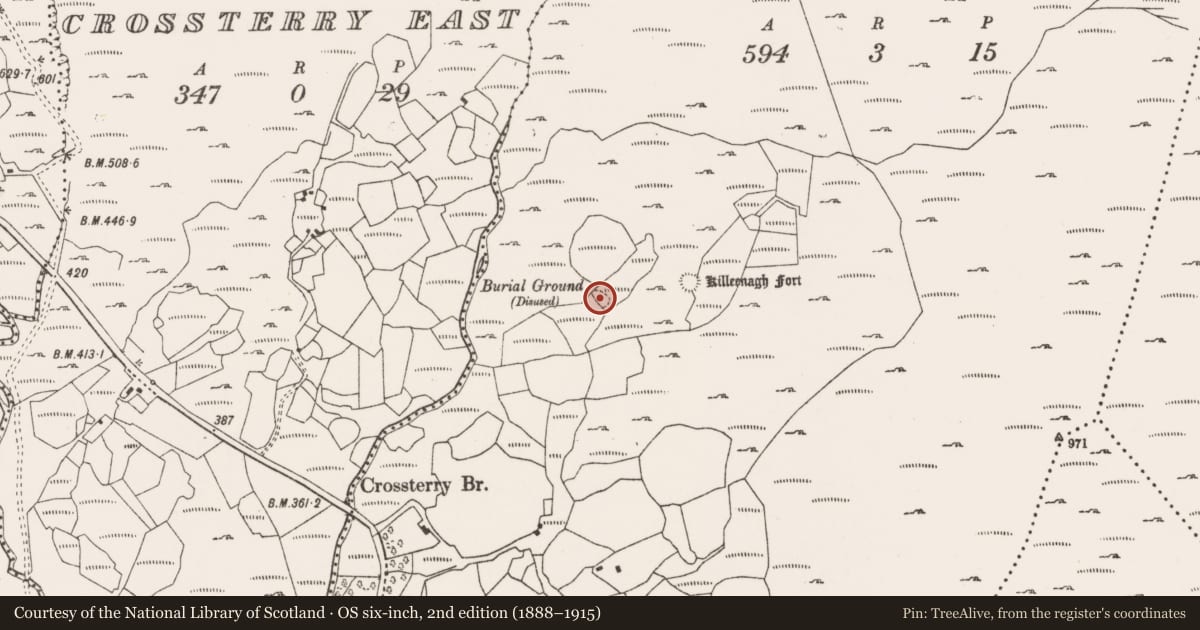 Ordnance Survey six-inch map, 2nd edition (1888–1915) covering the location of Burial ground, Canrooska, County Cork, with a pin at the register's coordinates