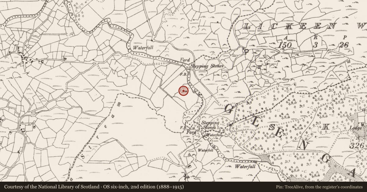 Ordnance Survey six-inch map, 2nd edition (1888–1915) covering the location of Children's burial ground, Crossterry West, County Cork, with a pin at the register's coordinates