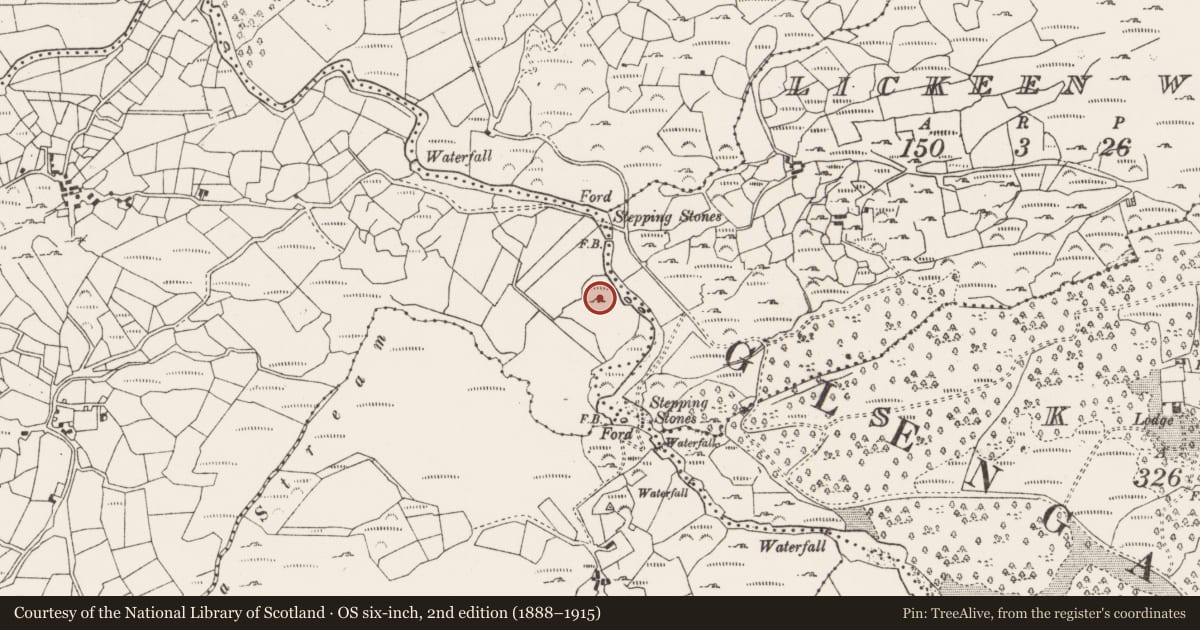 Ordnance Survey six-inch map, 2nd edition (1888–1915) covering the location of Souterrain, Crossterry West, County Cork, with a pin at the register's coordinates