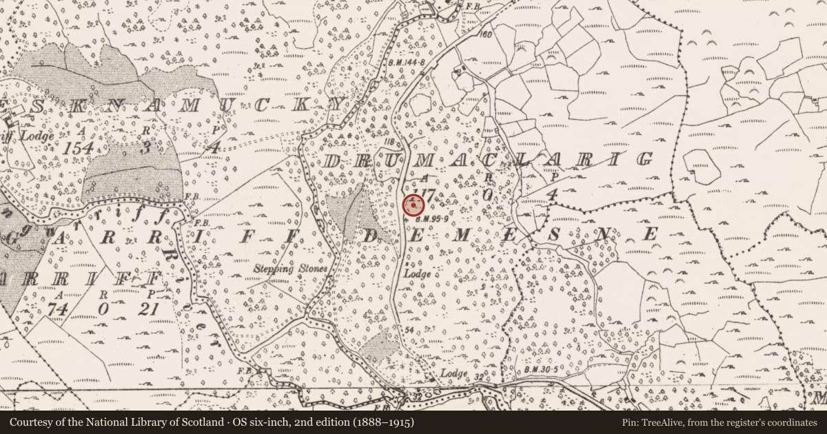 Ordnance Survey six-inch map, 2nd edition (1888–1915) covering the location of Enclosure, Drumaclarig, County Cork, with a pin at the register's coordinates