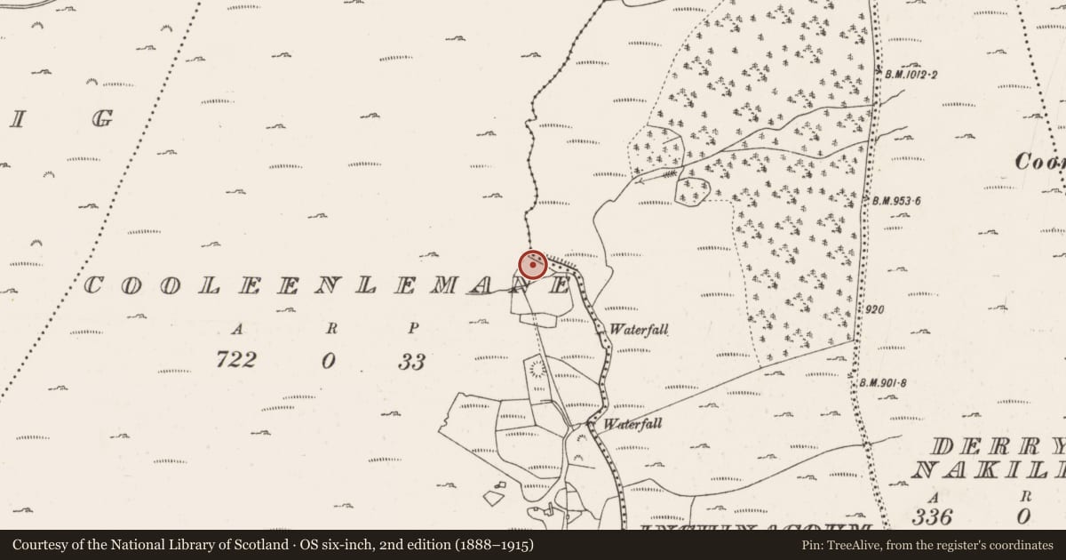 Ordnance Survey six-inch map, 2nd edition (1888–1915) covering the location of Mass-rock, Cooleenlemane, County Cork, with a pin at the register's coordinates