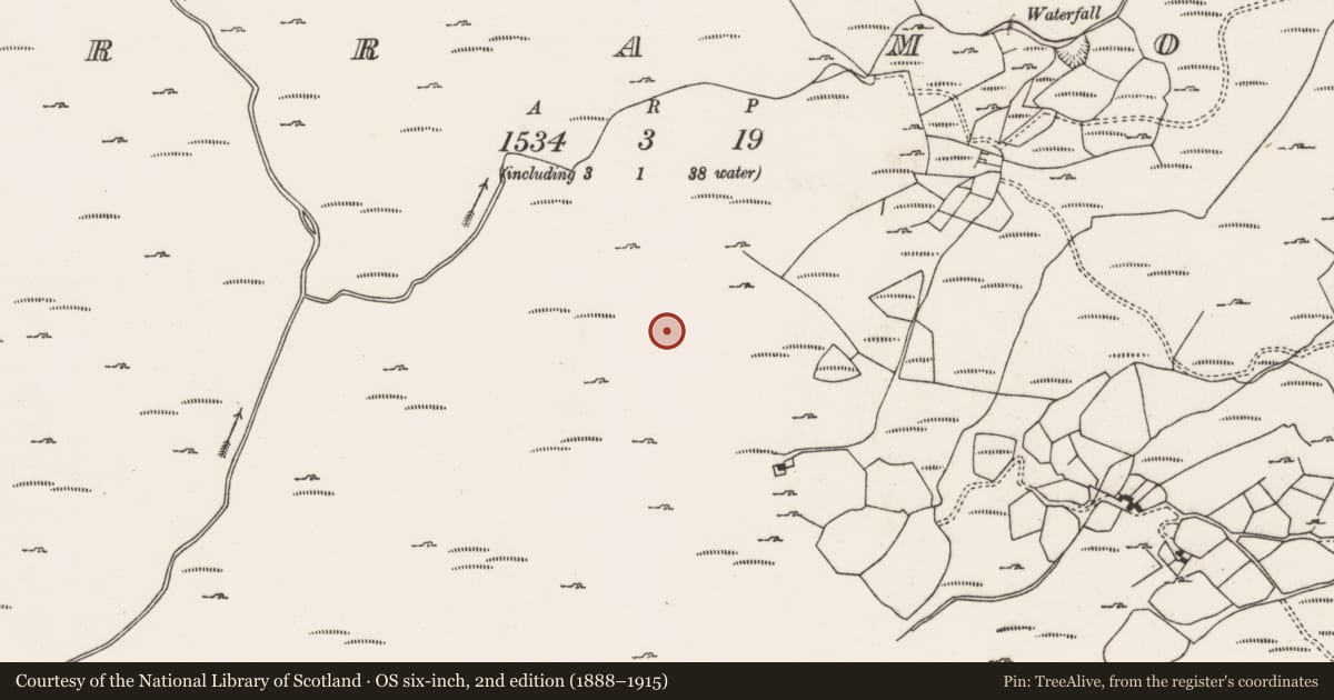 Ordnance Survey six-inch map, 2nd edition (1888–1915) covering the location of Hut site, Curramore, County Cork, with a pin at the register's coordinates