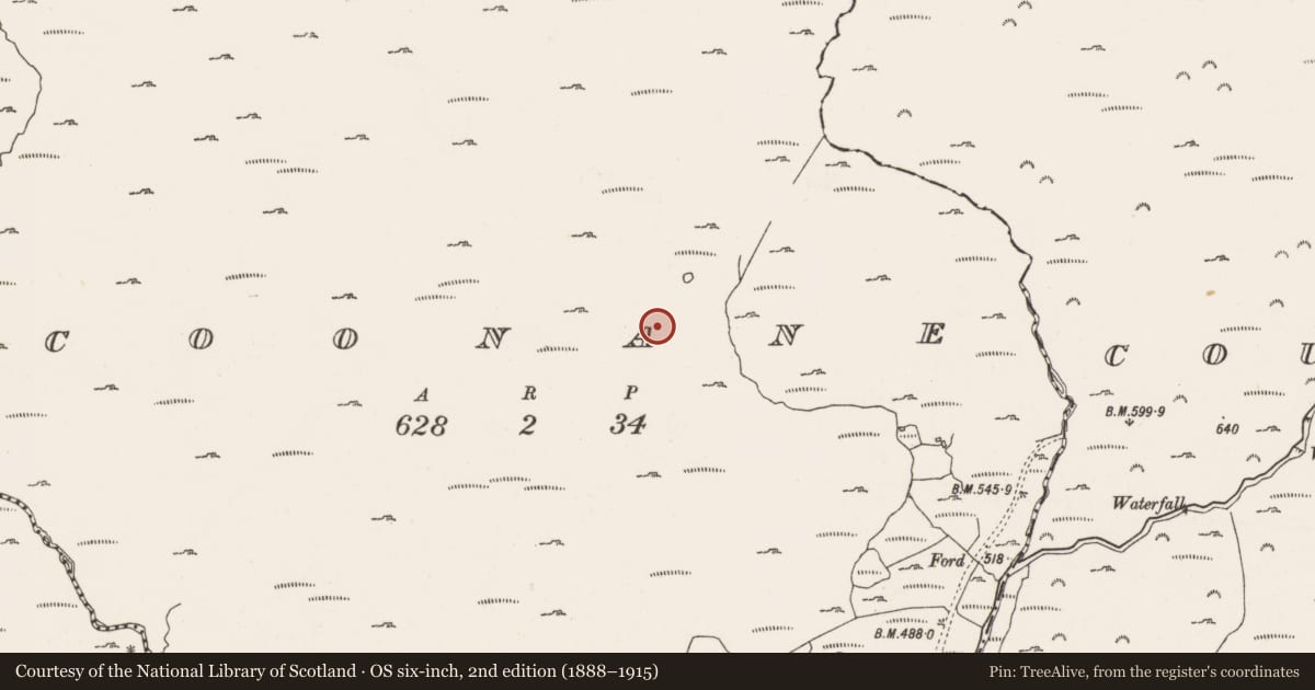 Ordnance Survey six-inch map, 2nd edition (1888–1915) covering the location of Hut site, Coonane, County Cork, with a pin at the register's coordinates