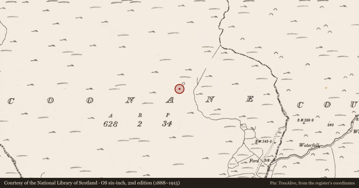 Ordnance Survey six-inch map, 2nd edition (1888–1915) covering the location of Enclosure, Coonane, County Cork, with a pin at the register's coordinates