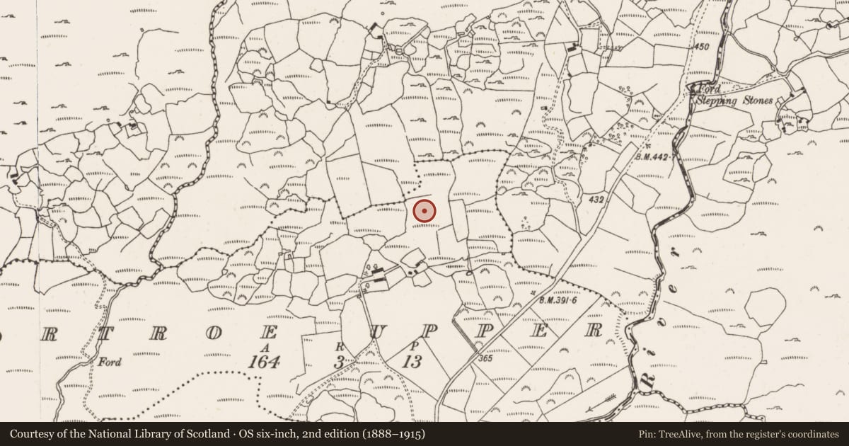 Ordnance Survey six-inch map, 2nd edition (1888–1915) covering the location of Children's burial ground, Coonane, County Cork, with a pin at the register's coordinates