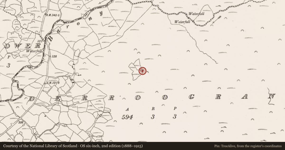Ordnance Survey six-inch map, 2nd edition (1888–1915) covering the location of Enclosure, Derroograne, County Cork, with a pin at the register's coordinates
