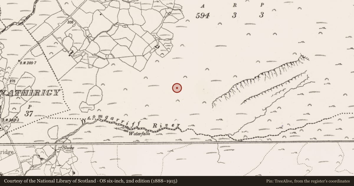 Ordnance Survey six-inch map, 2nd edition (1888–1915) covering the location of Hut site, Derroograne, County Cork, with a pin at the register's coordinates