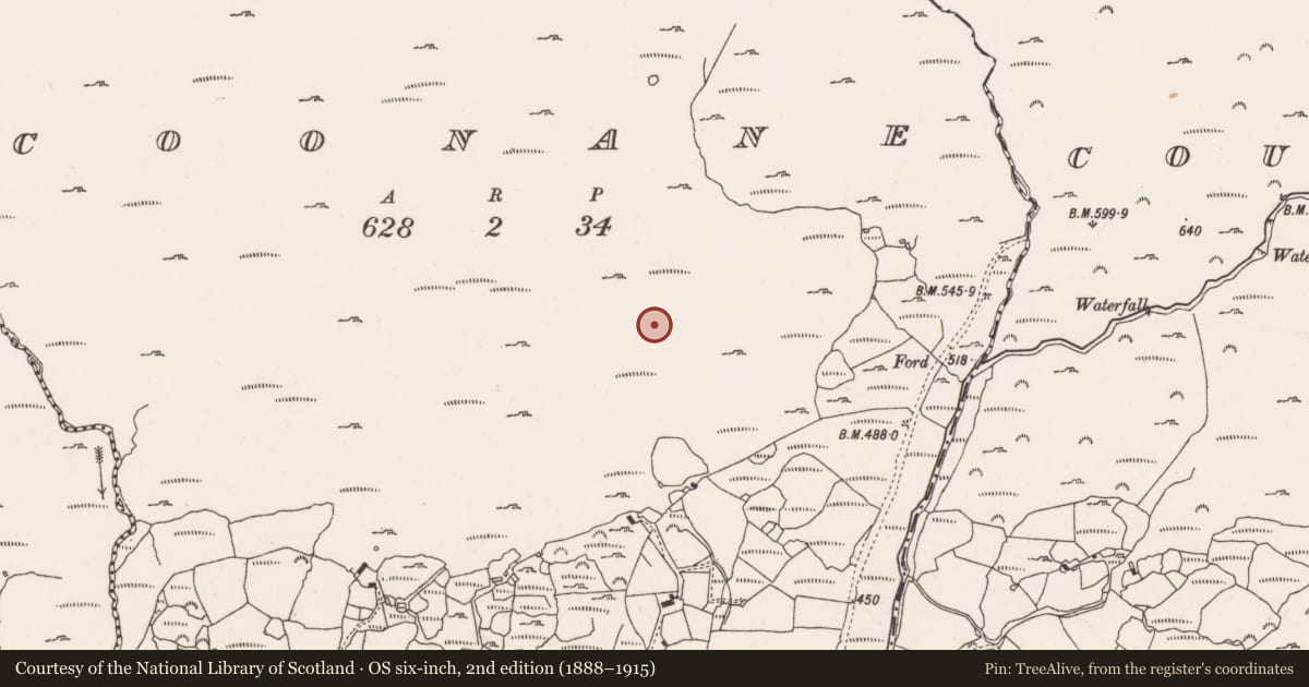 Ordnance Survey six-inch map, 2nd edition (1888–1915) covering the location of Enclosure, Coonane, County Cork, with a pin at the register's coordinates