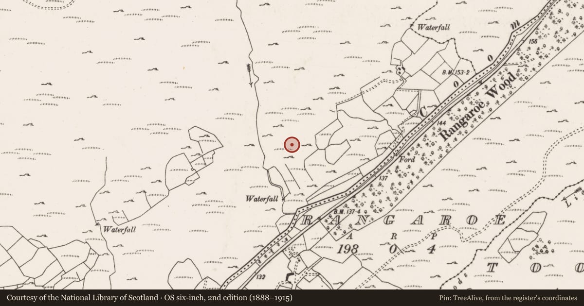 Ordnance Survey six-inch map, 2nd edition (1888–1915) covering the location of Megalithic structure, Derryduff More, County Cork, with a pin at the register's coordinates