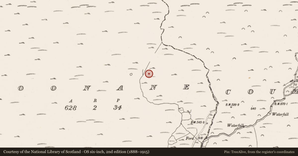 Ordnance Survey six-inch map, 2nd edition (1888–1915) covering the location of Hut site, Coonane, County Cork, with a pin at the register's coordinates