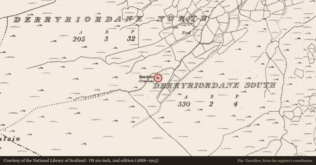 Ordnance Survey six-inch map, 2nd edition (1888–1915) covering the location of Megalithic tomb - wedge tomb, Doire Uí Ríordáin Theas, County Cork, with a pin at the register's coordinates