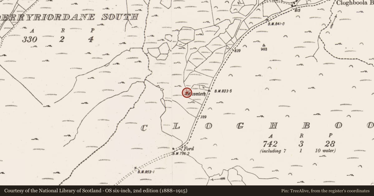 Ordnance Survey six-inch map, 2nd edition (1888–1915) covering the location of Megalithic tomb - wedge tomb, An Chlochbhuaile, County Cork, with a pin at the register's coordinates