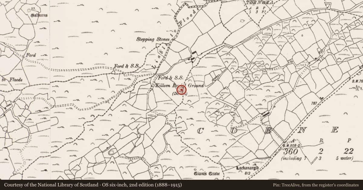 Ordnance Survey six-inch map, 2nd edition (1888–1915) covering the location of Burial ground, An Chlochbhuaile, Cornaire, County Cork, with a pin at the register's coordinates