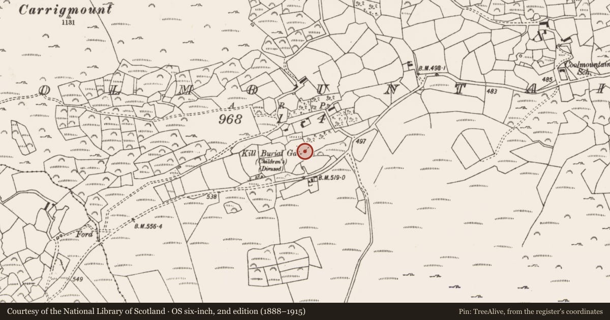 Ordnance Survey six-inch map, 2nd edition (1888–1915) covering the location of Burial ground, Coolmountain, County Cork, with a pin at the register's coordinates