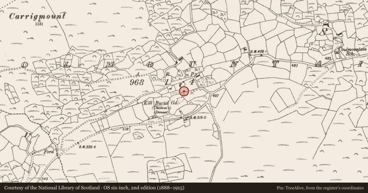 Ordnance Survey six-inch map, 2nd edition (1888–1915) covering the location of Mass-rock, Coolmountain, County Cork, with a pin at the register's coordinates