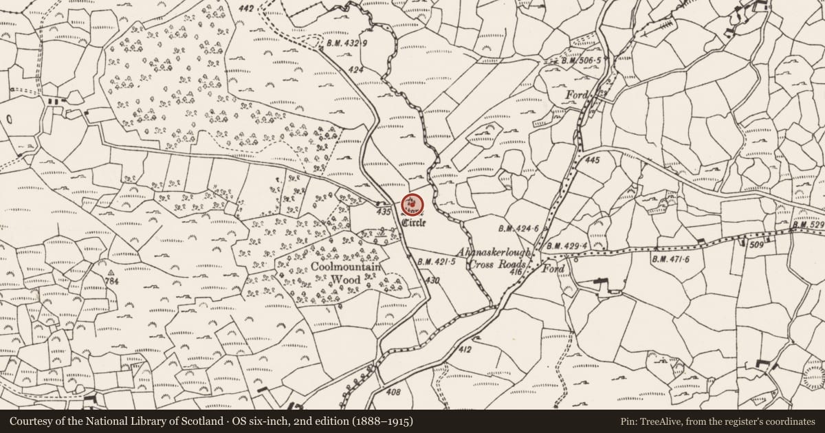 Ordnance Survey six-inch map, 2nd edition (1888–1915) covering the location of Stone circle - multiple-stone, Coolmountain, County Cork, with a pin at the register's coordinates