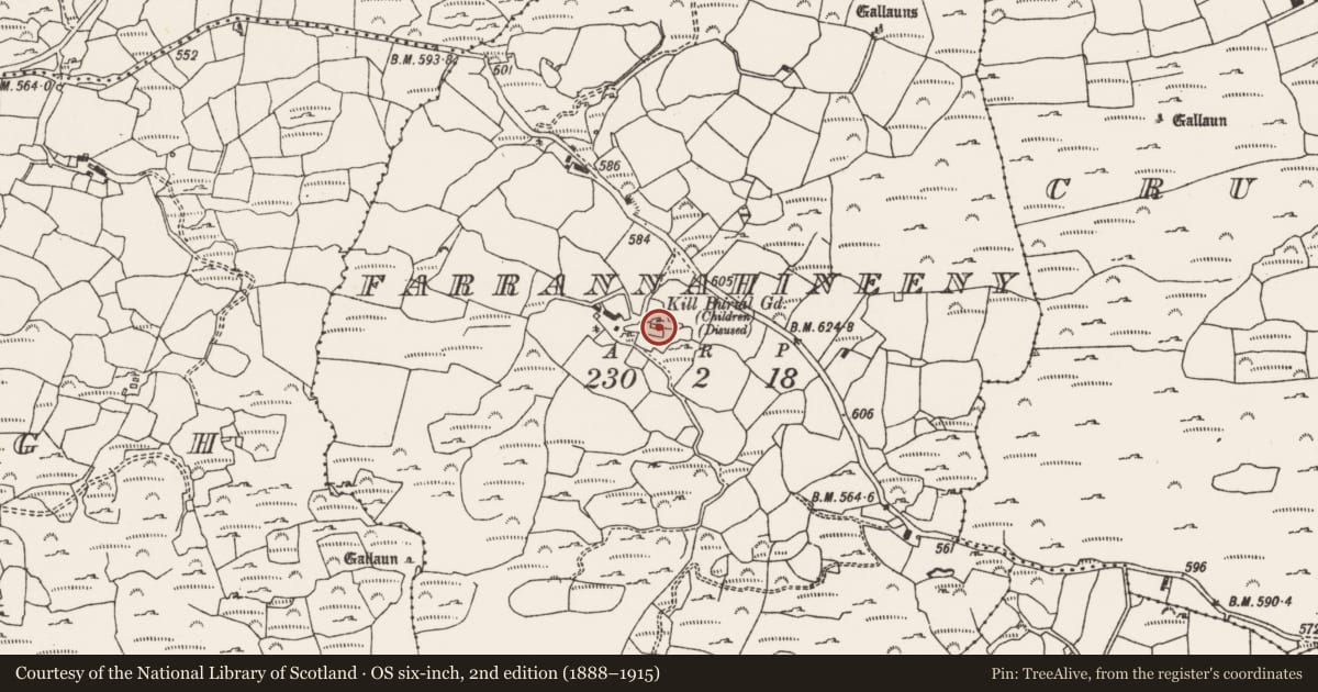 Ordnance Survey six-inch map, 2nd edition (1888–1915) covering the location of Burial ground, Farrannahineeny, County Cork, with a pin at the register's coordinates