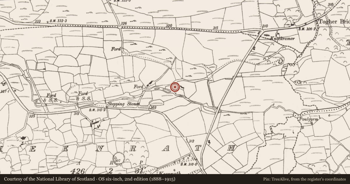 Ordnance Survey six-inch map, 2nd edition (1888–1915) covering the location of Ringfort - rath, Keenrath, County Cork, with a pin at the register's coordinates