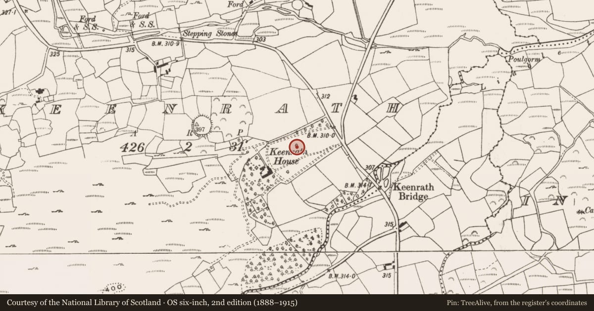 Ordnance Survey six-inch map, 2nd edition (1888–1915) covering the location of Megalithic tomb - wedge tomb, Keenrath, County Cork, with a pin at the register's coordinates