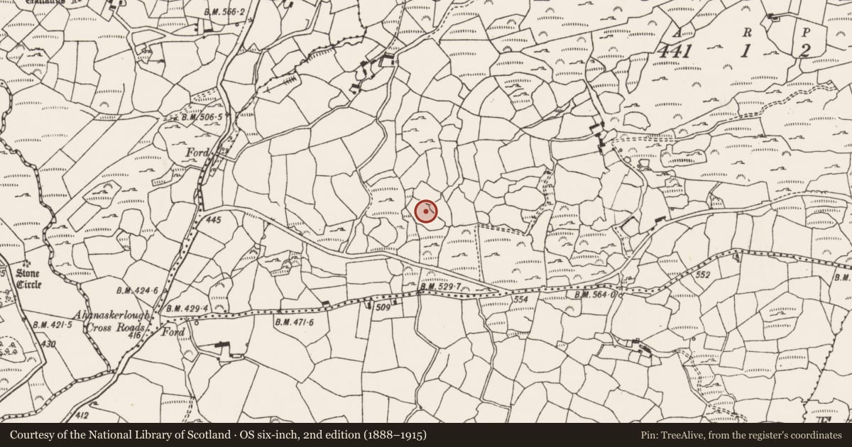 Ordnance Survey six-inch map, 2nd edition (1888–1915) covering the location of Souterrain, Clogher, County Cork, with a pin at the register's coordinates