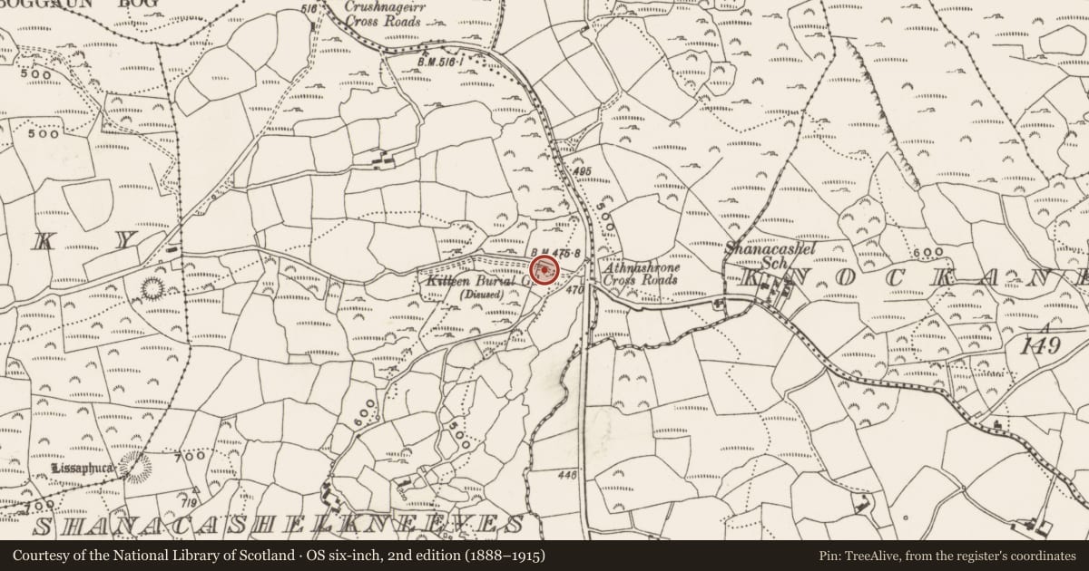 Ordnance Survey six-inch map, 2nd edition (1888–1915) covering the location of Burial ground, Shanacashelkneeves, County Cork, with a pin at the register's coordinates