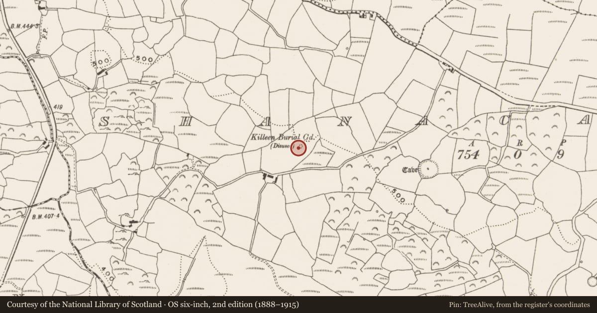 Ordnance Survey six-inch map, 2nd edition (1888–1915) covering the location of Burial ground, Shanacashel, County Cork, with a pin at the register's coordinates