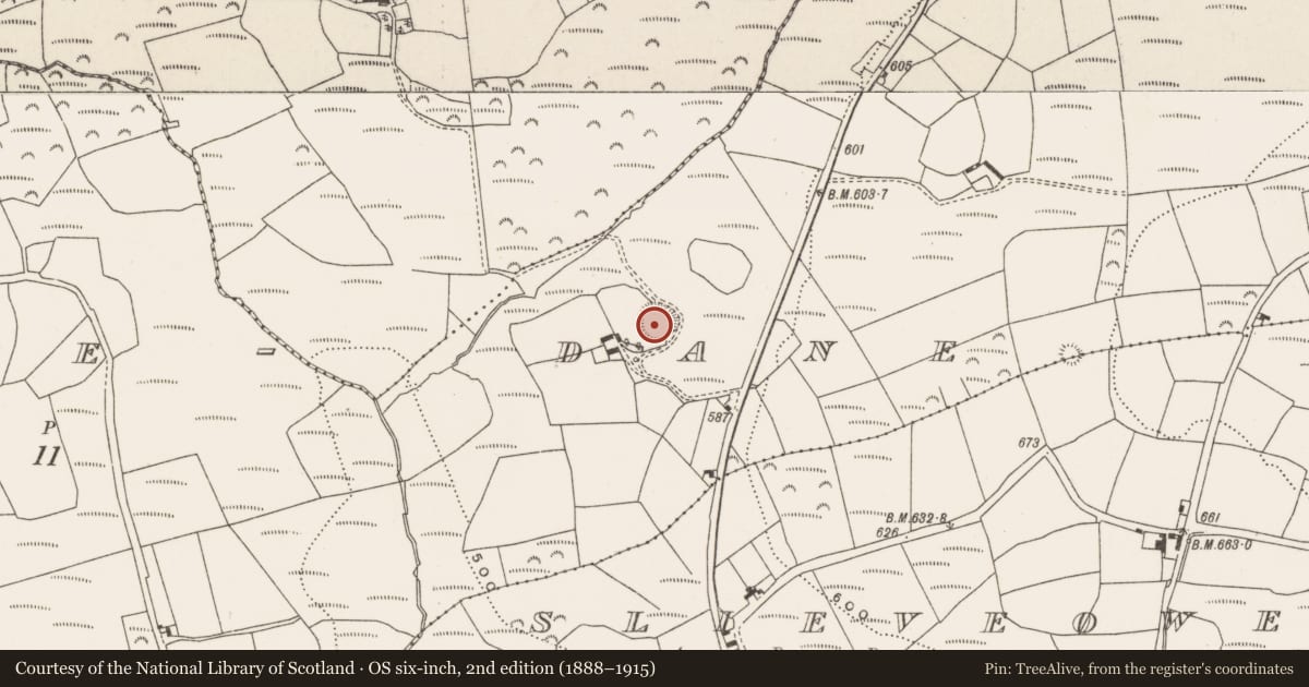 Ordnance Survey six-inch map, 2nd edition (1888–1915) covering the location of Ringfort - rath, Clashbredane, County Cork, with a pin at the register's coordinates