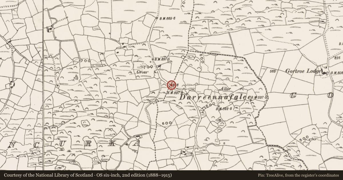 Ordnance Survey six-inch map, 2nd edition (1888–1915) covering the location of Church, Kilnadur, County Cork, with a pin at the register's coordinates