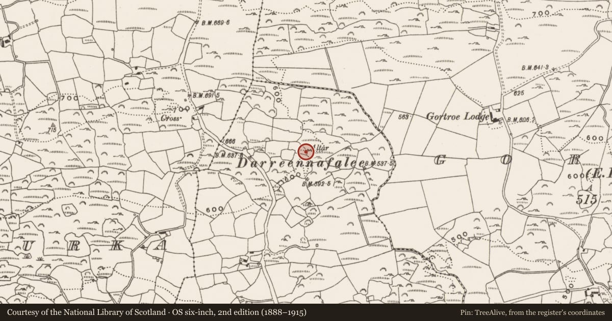 Ordnance Survey six-inch map, 2nd edition (1888–1915) covering the location of Mass-rock, Kilnadur, County Cork, with a pin at the register's coordinates