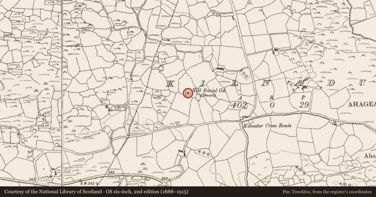 Ordnance Survey six-inch map, 2nd edition (1888–1915) covering the location of Burial ground, Kilnadur, County Cork, with a pin at the register's coordinates