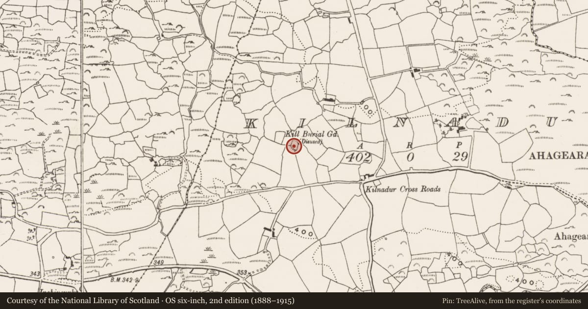Ordnance Survey six-inch map, 2nd edition (1888–1915) covering the location of Ringfort - rath, Kilnadur, County Cork, with a pin at the register's coordinates