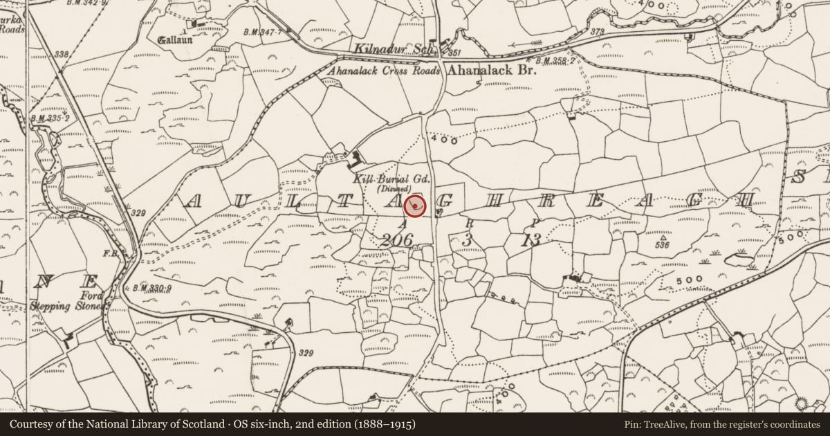 Ordnance Survey six-inch map, 2nd edition (1888–1915) covering the location of Burial ground, Aultaghreagh, County Cork, with a pin at the register's coordinates