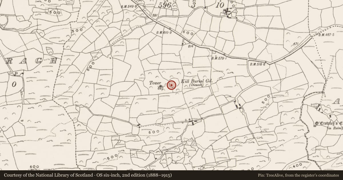 Ordnance Survey six-inch map, 2nd edition (1888–1915) covering the location of Burial ground, Curradrinagh, County Cork, with a pin at the register's coordinates