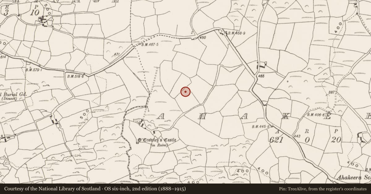 Ordnance Survey six-inch map, 2nd edition (1888–1915) covering the location of Souterrain, Ahakeera, County Cork, with a pin at the register's coordinates