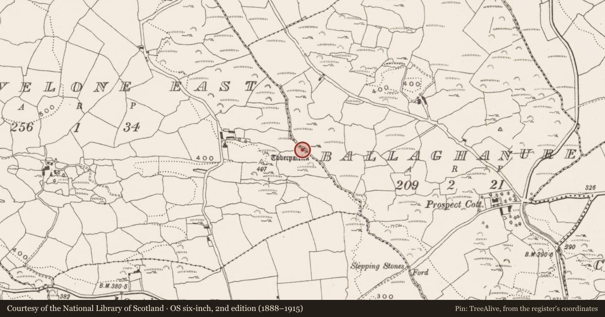 Ordnance Survey six-inch map, 2nd edition (1888–1915) covering the location of Ritual site - holy well, Ballyvelone East, County Cork, with a pin at the register's coordinates