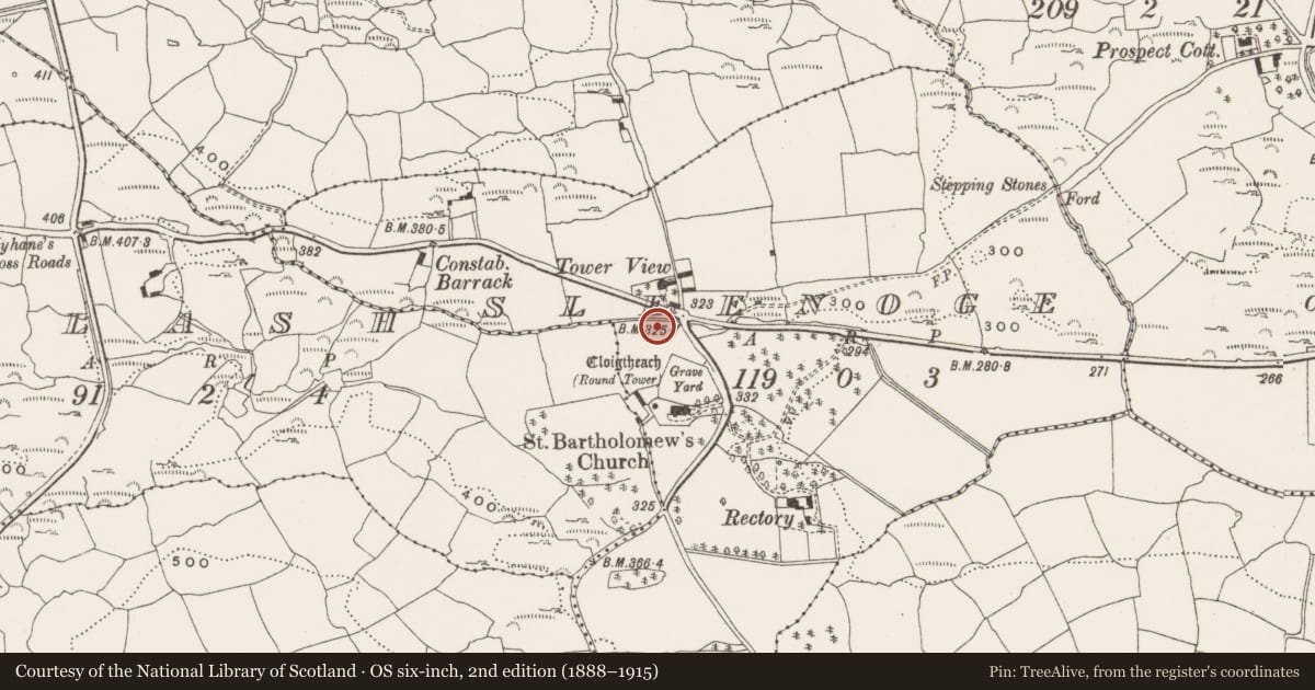 Ordnance Survey six-inch map, 2nd edition (1888–1915) covering the location of Ritual site - holy well, Sleenoge, County Cork, with a pin at the register's coordinates