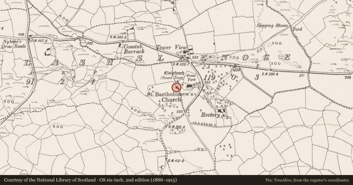 Ordnance Survey six-inch map, 2nd edition (1888–1915) covering the location of Country house, Sleenoge, County Cork, with a pin at the register's coordinates