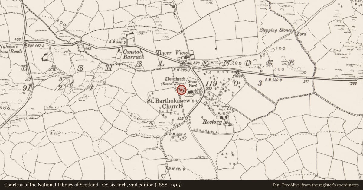 Ordnance Survey six-inch map, 2nd edition (1888–1915) covering the location of Round tower, Sleenoge, County Cork, with a pin at the register's coordinates