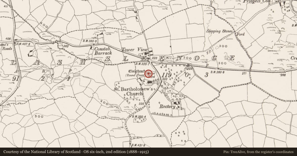 Ordnance Survey six-inch map, 2nd edition (1888–1915) covering the location of Church, Sleenoge, County Cork, with a pin at the register's coordinates