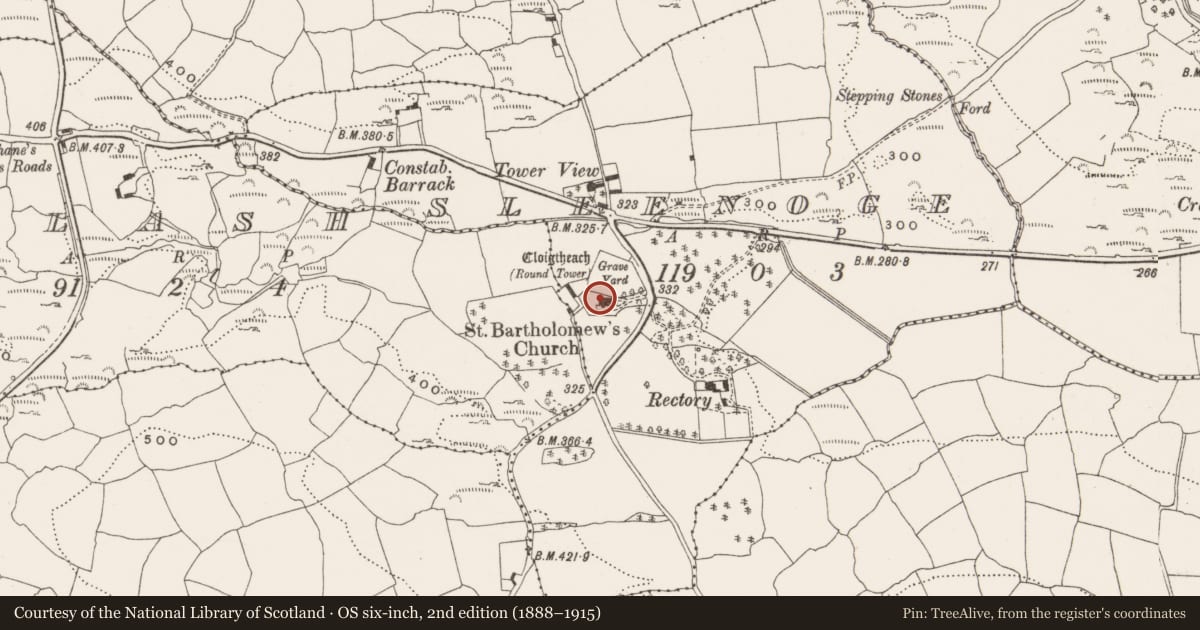 Ordnance Survey six-inch map, 2nd edition (1888–1915) covering the location of Church, Sleenoge, County Cork, with a pin at the register's coordinates