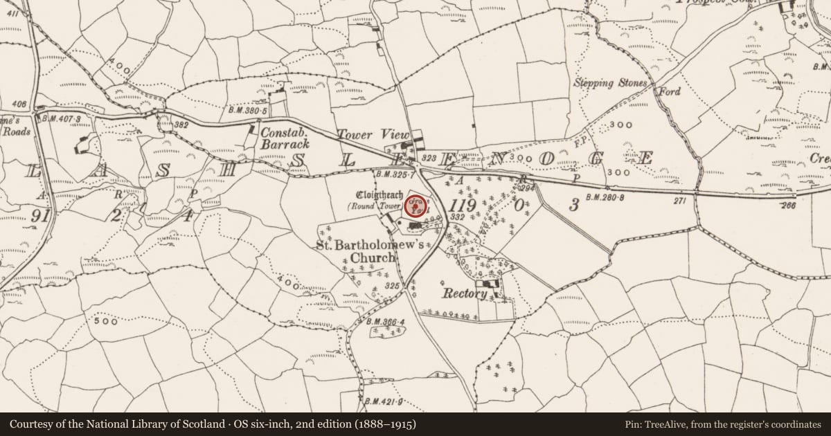 Ordnance Survey six-inch map, 2nd edition (1888–1915) covering the location of Bullaun stone, Sleenoge, County Cork, with a pin at the register's coordinates