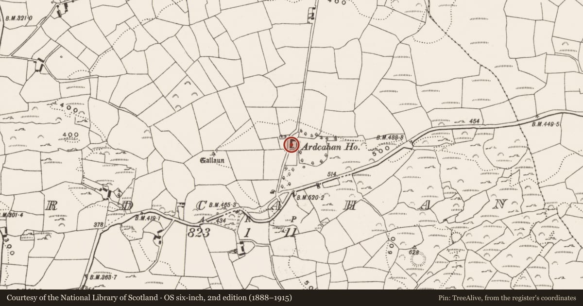 Ordnance Survey six-inch map, 2nd edition (1888–1915) covering the location of Country house, Ardcahan, County Cork, with a pin at the register's coordinates