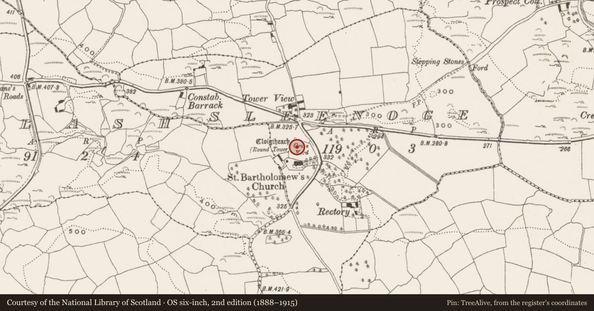 Ordnance Survey six-inch map, 2nd edition (1888–1915) covering the location of Church, Sleenoge, County Cork, with a pin at the register's coordinates