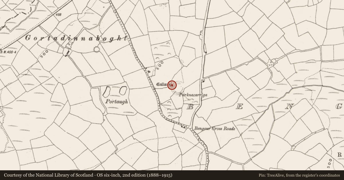 Ordnance Survey six-inch map, 2nd edition (1888–1915) covering the location of Standing stone, Bengour East, County Cork, with a pin at the register's coordinates