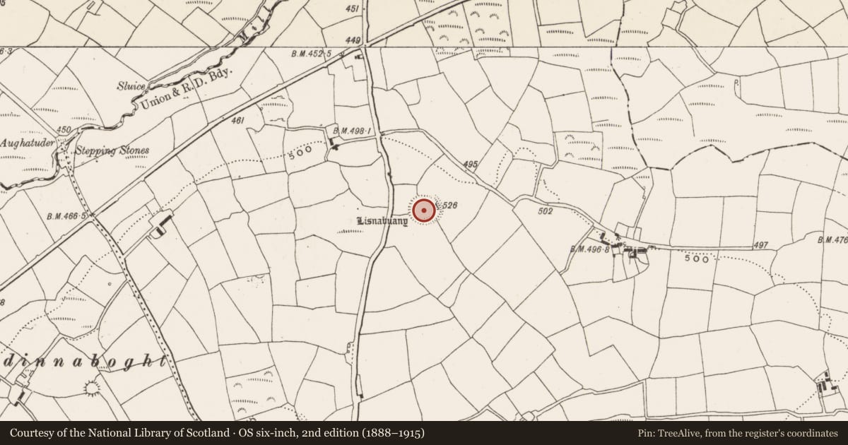 Ordnance Survey six-inch map, 2nd edition (1888–1915) covering the location of Ringfort - rath, Bengour East, County Cork, with a pin at the register's coordinates